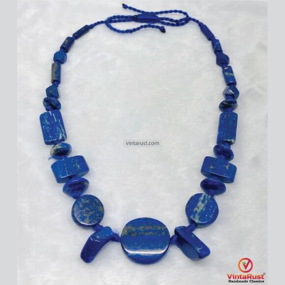 Natural Lapis Lazuli Beaded Necklace Handmade Tribal Style Blue Gemstone Jewelry - Picture 3 of 7